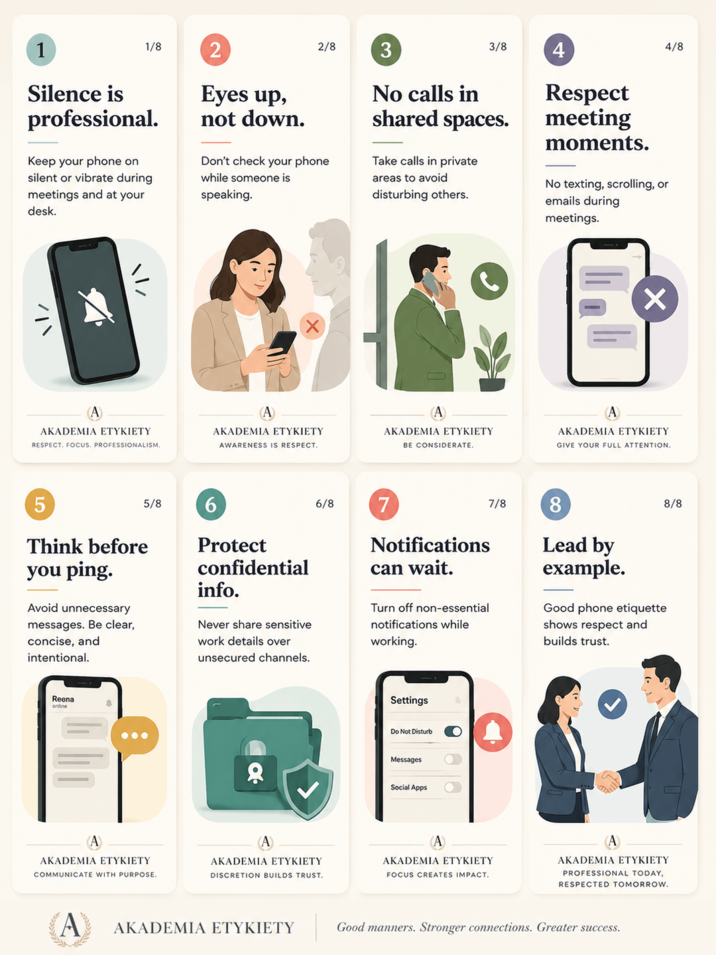 1 1/8 Silence is professional. Keep your phone on silent or vibrate during meetings and at your desk. 2 Eyes up, not down. 2/8 3 Don't check your phone while someone is speaking. 3/8 4 No calls in shared spaces. Take calls in private areas to avoid disturbing others. Respect meeting moments. No texting, scrolling, or emails during meetings. 4/8 /|\ ✓I\ ✓ A AKADEMIA ETYKIETY RESPECT. FOCUS. PROFESSIONALISM. (A) AKADEMIA ETYKIETY AWARENESS IS RESPECT. (A) AKADEMIA ETYKIETY BE CONSIDERATE. AKADEMIA ETYKIETY GIVE YOUR FULL ATTENTION. 5 5/8 6 Think before you ping. Avoid unnecessary messages. Be clear, concise, and intentional. Protect confidential info. Never share sensitive work details over unsecured channels. 6/8 7 Notifications can wait. Turn off non-essential notifications while working. 7/8 8 Lead by example. Good phone etiquette shows respect and builds trust. Reena online 000 Settings Do Not Disturb Messages Social Apps 8/8 AKADEMIA ETYKIETY COMMUNICATE WITH PURPOSE. AKADEMIA ETYKIETY DISCRETION BUILDS TRUST. A AKADEMIA ETYKIETY FOCUS CREATES IMPACT. AKADEMIA ETYKIETY PROFESSIONAL TODAY, RESPECTED TOMORROW. A AKADEMIA ETYKIETY Good manners. Stronger connections. Greater success.