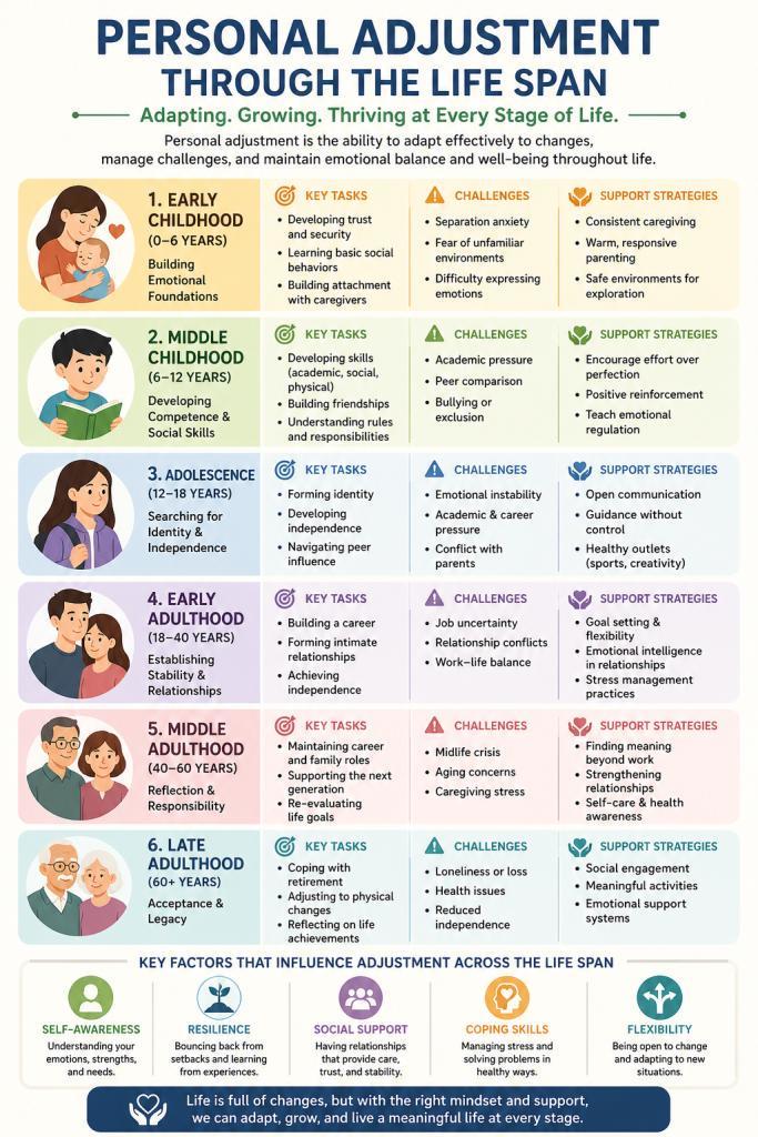 PERSONAL ADJUSTMENT THROUGH THE LIFE SPAN Adapting. Growing. Thriving at Every Stage of Life. Personal adjustment is the ability to adapt effectively to changes, manage challenges, and maintain emotional balance and well-being throughout life. 1. EARLY CHILDHOOD (0-6 YEARS) Building Emotional Foundations 2. MIDDLE CHILDHOOD (6-12 YEARS) Developing Competence & Social Skills KEY TASKS • Developing trust and security Learning basic social behaviors Building attachment with caregivers KEY TASKS • Developing skills (academic, social, physical) • Building friendships •Understanding rules and responsibilities 3. ADOLESCENCE KEY TASKS (12-18 YEARS) Searching for Identity & Independence 4. EARLY ADULTHOOD (18-40 YEARS) Establishing Stability & Relationships 5. MIDDLE ADULTHOOD (40-60 YEARS) Reflection & Responsibility 6. LATE ADULTHOOD (60+ YEARS) Acceptance & Legacy • Forming identity • Developing independence • Navigating peer influence KEY TASKS • Building a career • Forming intimate relationships • Achieving independence KEY TASKS • Maintaining career and family roles Supporting the next generation • Re-evaluating life goals KEY TASKS Coping with retirement Adjusting to physical changes Reflecting on life achievements CHALLENGES • Separation anxiety • Fear of unfamiliar environments • Difficulty expressing emotions CHALLENGES • Academic pressure • Peer comparison • Bullying or exclusion CHALLENGES • Emotional instability • Academic & career pressure • Conflict with parents A CHALLENGES ⚫ Job uncertainty ⚫Relationship conflicts • Work-life balance CHALLENGES ⚫ Midlife crisis • Aging concerns • Caregiving stress A CHALLENGES • Loneliness or loss • Health issues • Reduced independence SUPPORT STRATEGIES Consistent caregiving • Warm, responsive parenting • Safe environments for exploration SUPPORT STRATEGIES •Encourage effort over perfection • Positive reinforcement • Teach emotional regulation SUPPORT STRATEGIES Open communication • Guidance without control • Healthy outlets (sports, creativity) SUPPORT STRATEGIES Goal setting & flexibility •Emotional intelligence in relationships Stress management practices SUPPORT STRATEGIES Finding meaning beyond work • Strengthening relationships Self-care & health awareness SUPPORT STRATEGIES Social engagement Meaningful activities Emotional support systems KEY FACTORS THAT INFLUENCE ADJUSTMENT ACROSS THE LIFE SPAN SELF-AWARENESS Understanding your emotions, strengths, and needs. RESILIENCE Bouncing back from setbacks and learning from experiences. SOCIAL SUPPORT Having relationships that provide care, trust, and stability. COPING SKILLS Managing stress and solving problems in healthy ways. Life is full of changes, but with the right mindset and support, we can adapt, grow, and live a meaningful life at every stage. FLEXIBILITY Being open to change and adapting to new situations.