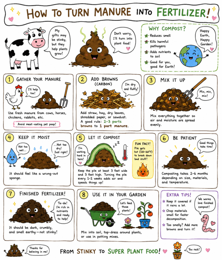 48 How To TURN MANURE INTO FERTILIZER! My gifts may be stinky, but they help plants grow! Don't worry, I'll turn into plant food! WHY COMPOST? **Reduces smell -Kills harmful pathogens Adds nutrients to soil Good for you, good for Earth! Happy Earth, Happy Garden! 1 GATHER YOUR MANURE I'll help too! 2 ADD BROWNS (CARBON) 3 MIX IT UP I'm dry and fluffy! Use fresh manure from cows, horses, chickens, rabbits, etc. Avoid meat-eating pet Add straw, hay, dry leaves, shredded paper, or sawdust. A good rule: 2-3 parts browns to 1 part manure. 5 LET IT COMPOST Mix everything together so air and moisture are spread evenly. 4 KEEP IT MOIST Not too wet... ...Not too dry! Just right! I'm working hard in here! 222 FUN FACT! Pile gets hot (120-160°F) to break down bad stuff! Mix, mix, mix! 6 BE PATIENT Good things take time! It should feel like a wrung-out sponge. 7 FINISHED FERTILIZER! It should be dark, crumbly, and smell earthy-not stinky! Ta-da! I'm rich in nutrients and ready to help! Keep the pile at least 3 feet wide and 3 feet high. Turning the pile every 1-2 weeks adds air and speeds things up! (8) USE IT IN YOUR GARDEN Let's feed those plants! Mix into soil, top-dress around plants, or use in potting mixes. Composting takes 2-6 months depending on size, materials, and temperature. EXTRA TIPS! Keep it covered if it rains a lot. Chop materials small for faster decomposition. Too smelly? Add more browns and turn it! We worms love finished compost! Thanks for believing in me! FROM STINKY TO SUPER PLANT FOOD! You rock!