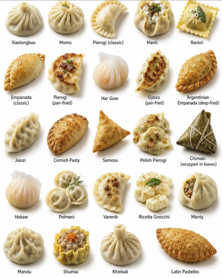 Xiaolongbao Momo Pierogi (classic) Manti Ravioli Empanada (classic) Pierogi (pan-fried) Har Gow Gyoza (pan-fried) Argentinian Empanada (deep-fried) Jiaozi Cornish Pasty Samosa Polish Pierogi Chimaki (wrapped in leaves) Hakaw Pelmeni Varenik Ricotta Gnocchi Manty Mandu Shumai Khinkali Latin Pastelito