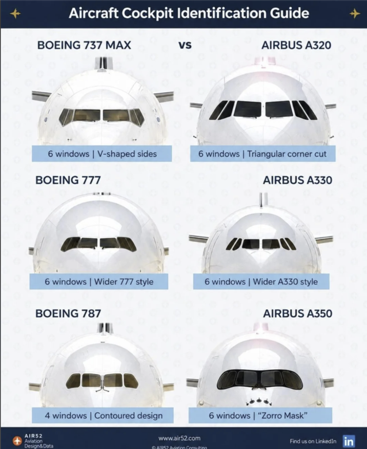 Aircraft Cockpit Identification Guide BOEING 737 MAX VS AIRBUS A320 6 windows | V-shaped sides 6 windows | Triangular corner cut BOEING 777 AIRBUS A330 6 windows | Wider 777 style 6 windows | Wider A330 style BOEING 787 4 windows Contoured design AIR52 Aviation Design&Data www.air52.com AIR52 Aviation Consulting AIRBUS A350 6 windows | "Zorro Mask" Find us on LinkedIn in