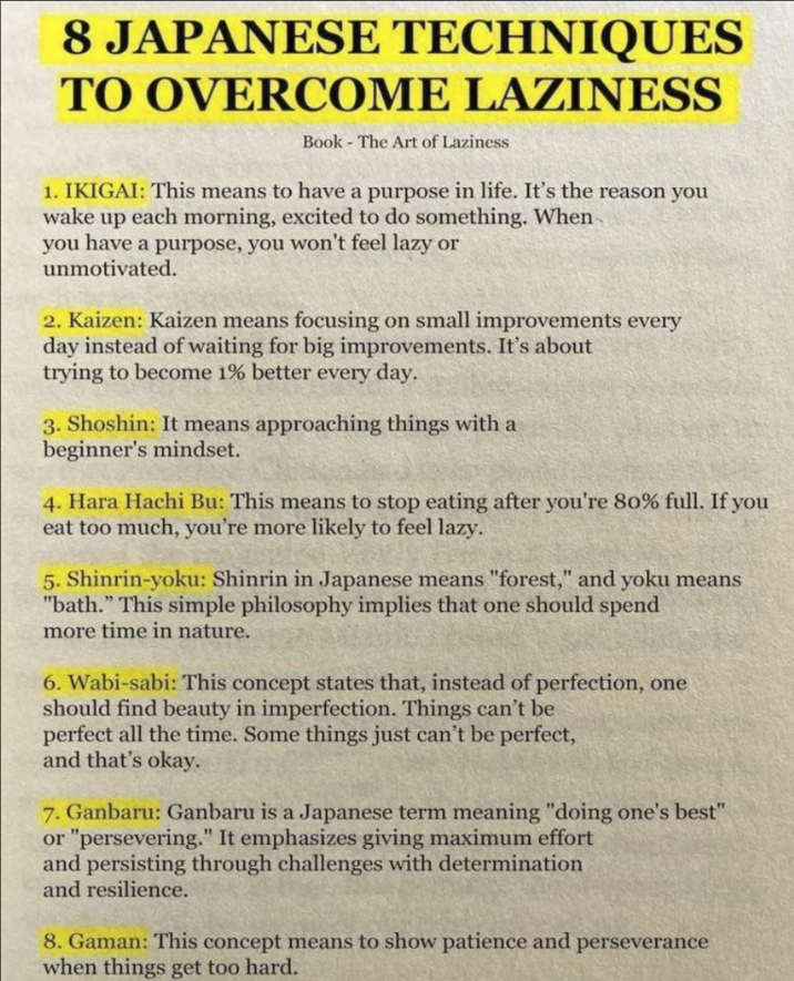 8 JAPANESE TECHNIQUES TO OVERCOME LAZINESS Book The Art of Laziness 1. IKIGAI: This means to have a purpose in life. It's the reason you wake up each morning, excited to do something. When you have a purpose, you won't feel lazy or unmotivated. 2. Kaizen: Kaizen means focusing on small improvements every day instead of waiting for big improvements. It's about trying to become 1% better every day. 3. Shoshin: It means approaching things with a beginner's mindset. 4. Hara Hachi Bu: This means to stop eating after you're 80% full. If you eat too much, you're more likely to feel lazy. 5. Shinrin-yoku: Shinrin in Japanese means "forest," and yoku means "bath." This simple philosophy implies that one should spend more time in nature. 6. Wabi-sabi: This concept states that, instead of perfection, one should find beauty in imperfection. Things can't be perfect all the time. Some things just can't be perfect, and that's okay. 7. Ganbaru: Ganbaru is a Japanese term meaning "doing one's best" or "persevering." It emphasizes giving maximum effort and persisting through challenges with determination and resilience. 8. Gaman: This concept means to show patience and perseverance when things get too hard.
