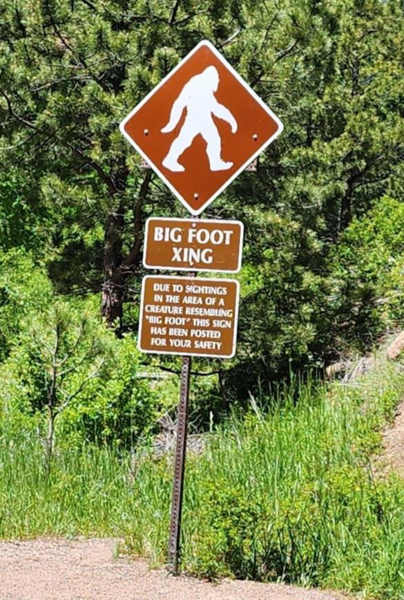 BIG FOOT XING DUE TO SIGHTINGS IN THE AREA OF A CREATURE RESEMBLING "BIG FOOT THIS SIGN HAS BEEN POSTED FOR YOUR SAFETY