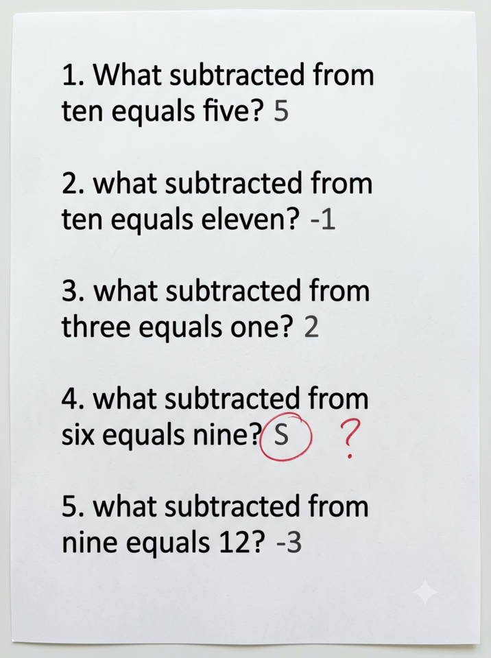 1. What subtracted from ten equals five? 5 2. what subtracted from ten equals eleven? -1 3. what subtracted from three equals one? 2 4. what subtracted from S six equals nine? ⑤ ? 5. what subtracted from nine equals 12? -3