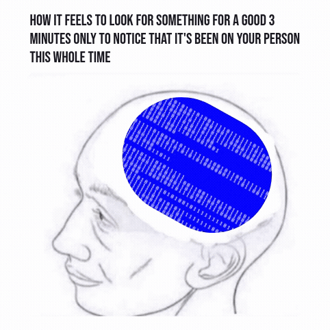 HOW IT FEELS TO LOOK FOR SOMETHING FOR A GOOD 3 MINUTES ONLY TO NOTICE THAT IT'S BEEN ON YOUR PERSON THIS WHOLE TIME