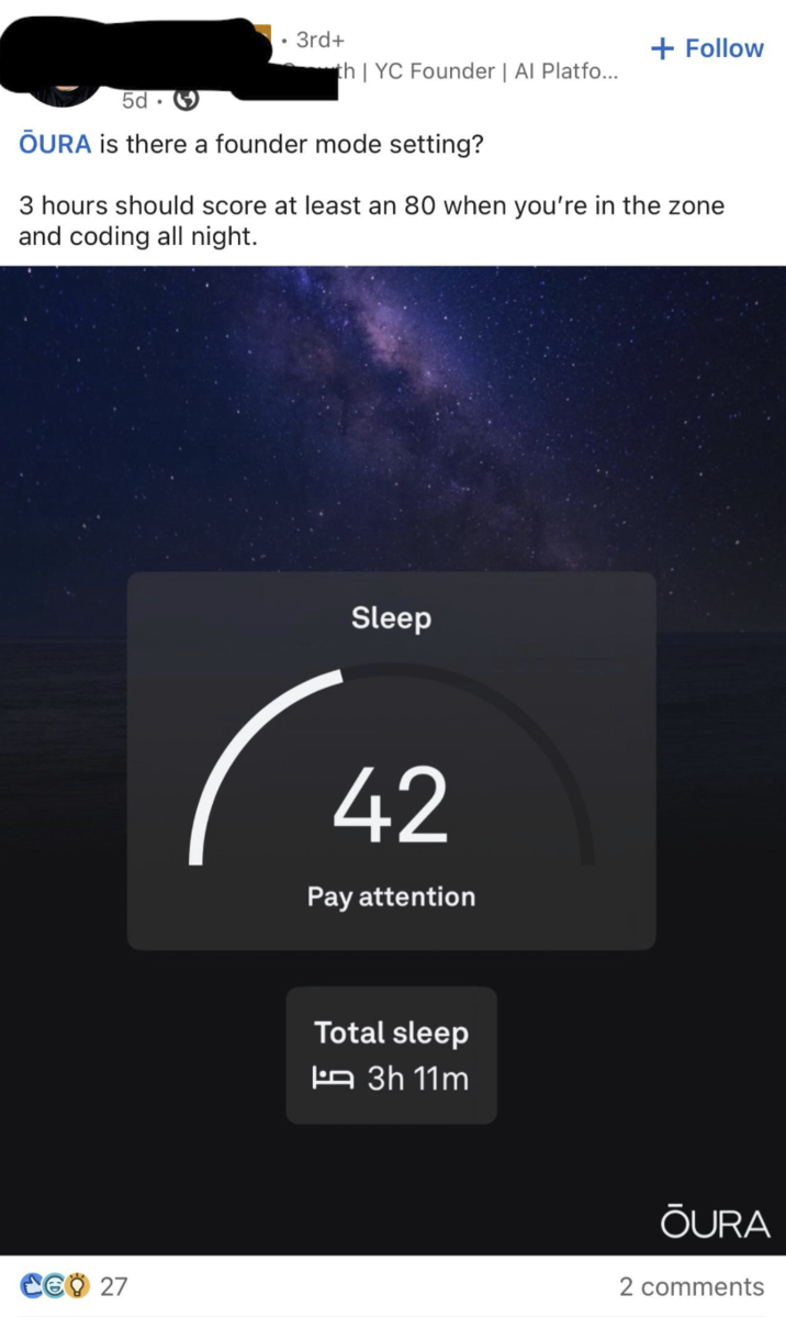 5d 3rd+ + Follow th | YC Founder | Al Platfo... ÕURA is there a founder mode setting? 3 hours should score at least an 80 when you're in the zone and coding all night. CG 27 C Sleep 42 Pay attention Total sleep 3h 11m ŌURA 2 comments