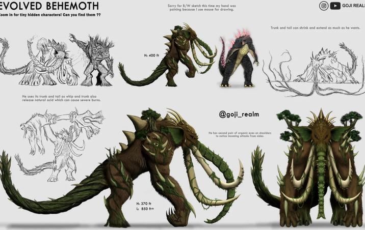 EVOLVED BEHEMOTH Zoom in for tiny hidden characters! Can you find them ?? He uses its trunk and tail as whip and trunk also release natural acid which can cause severe burns. H: 400 ft H: 370 ft L: 850 ft+ Sorry for B/W sketch this time my hand was paining because I use mouse for drawing. @goji_realm He has second pair of organic eyes on shoulders to notice incoming attacks from sides. GOJI REAL Trunk and tail can shrink and extend as much as he wants.