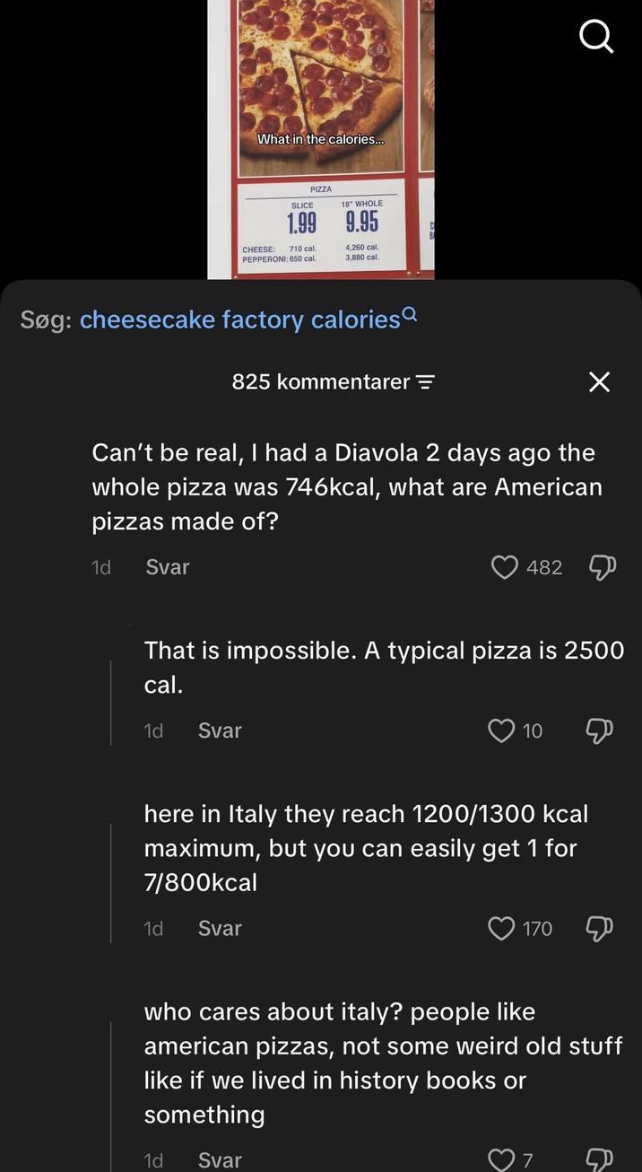 What in the calories... SLICE PIZZA 18" WHOLE 1.99 9.95 C BA CHEESE: PEPPERONI: 650 cal. 710 cal. 4,260 cal. 3,880 cal. Søg: cheesecake factory calories 825 kommentarer = Q Х Can't be real, I had a Diavola 2 days ago the whole pizza was 746kcal, what are American pizzas made of? 1d Svar 482 That is impossible. A typical pizza is 2500 cal. 1d Svar 10 Ф here in Italy they reach 1200/1300 kcal maximum, but you can easily get 1 for 7/800kcal 1d Svar 170 Д who cares about italy? people like american pizzas, not some weird old stuff like if we lived in history books or something 1d Svar ♡ 7