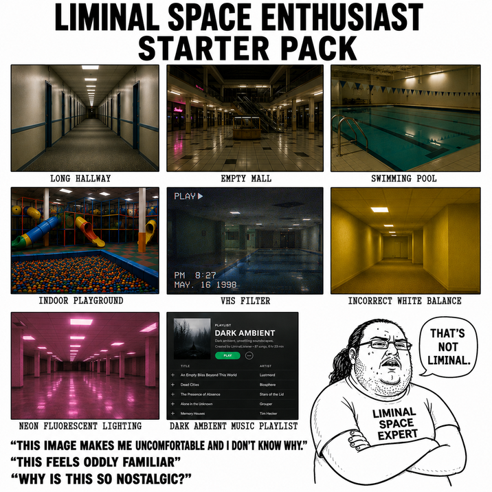 LIMINAL SPACE ENTHUSIAST STARTER PACK Sunin LONG HALLWAY PLAY INDOOR PLAYGROUND EMPTY MALL SWIMMING POOL PM 8:27 MAY 16 1998 VHS FILTER PLAYLIST DARK AMBIENT Dark ambient, unsettling soundscapes. Created by LiminalListener - 87 songs, 6 hr 23 min PLAY TITLE ARTIST + An Empty Bliss Beyond This World Lustmord + Dead Cities Biosphere The Presence Absence Stars of the Lid Alone in the Unknown Grouper Tim Hecker NEON FLUORESCENT LIGHTING Memory Houses DARK AMBIENT MUSIC PLAYLIST "THIS IMAGE MAKES ME UNCOMFORTABLE AND I DON'T KNOW WHY." "THIS FEELS ODDLY FAMILIAR" "WHY IS THIS SO NOSTALGIC?" INCORRECT WHITE BALANCE LIMINAL SPACE EXPERT THAT'S NOT LIMINAL.