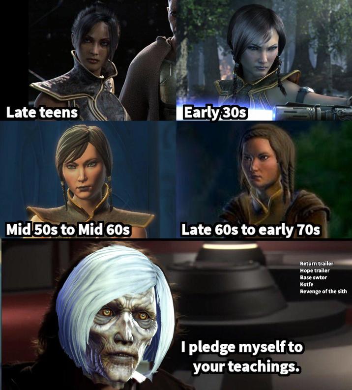 Late teens Early 30s Mid 50s to Mid 60s Late 60s to early 70s I pledge myself to your teachings. Return trailer Hope trailer Base swtor Kotfe Revenge of the sith