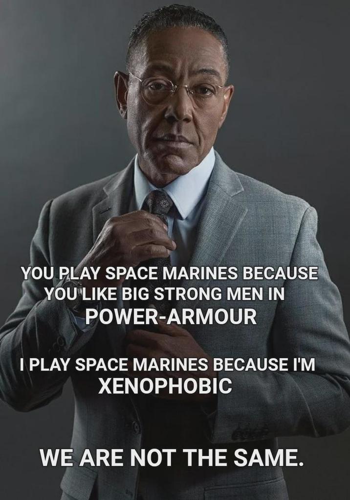 YOU PLAY SPACE MARINES BECAUSE YOU LIKE BIG STRONG MEN IN POWER-ARMOUR I PLAY SPACE MARINES BECAUSE I'M XENOPHOBIC WE ARE NOT THE SAME.