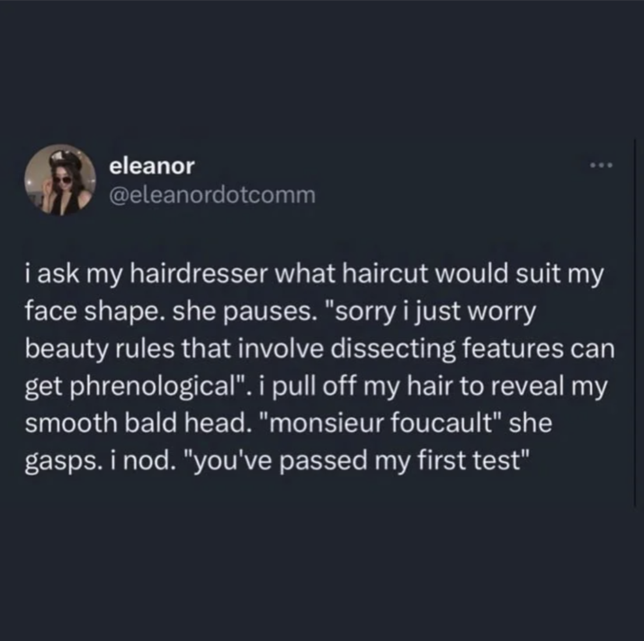 eleanor @eleanordotcomm 600 i ask my hairdresser what haircut would suit my face shape. she pauses. "sorry i just worry beauty rules that involve dissecting features can get phrenological". i pull off my hair to reveal my smooth bald head. "monsieur foucault" she gasps. i nod. "you've passed my first test"