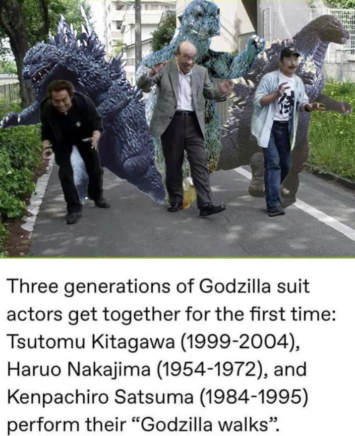 Three generations of Godzilla suit actors get together for the first time: Tsutomu Kitagawa (1999-2004), Haruo Nakajima (1954-1972), and Kenpachiro Satsuma (1984-1995) perform their "Godzilla walks".