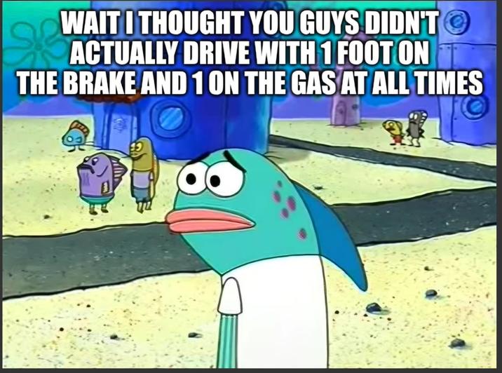 WAIT I THOUGHT YOU GUYS DIDN'T ACTUALLY DRIVE WITH 1 FOOT ON THE BRAKE AND 1 ON THE GAS AT ALL TIMES