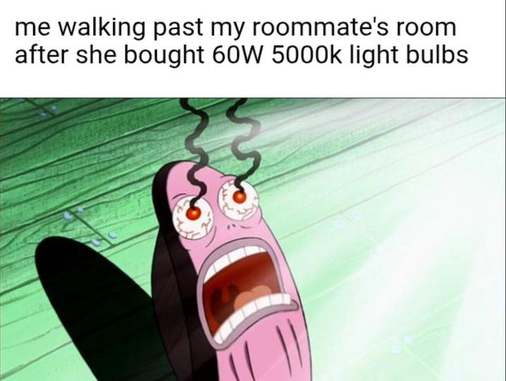 me walking past my roommate's room after she bought 60W 5000k light bulbs