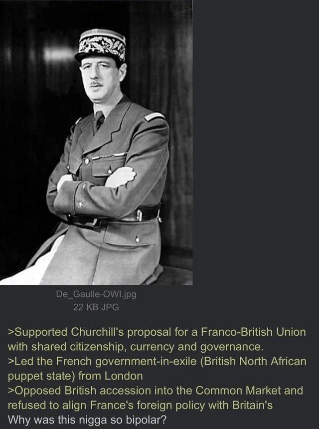 De Gaulle-OWI.jpg 22 KB JPG >Supported Churchill's proposal for a Franco-British Union with shared citizenship, currency and governance. >Led the French government-in-exile (British North African puppet state) from London >Opposed British accession into the Common Market and refused to align France's foreign policy with Britain's Why was this n---- so bipolar?