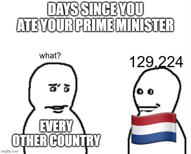 DAYS SINCE YOU ATE YOUR PRIME MINISTER what? 8'5 EVERY OTHER COUNTRY imgflip.com 129,224 0 0