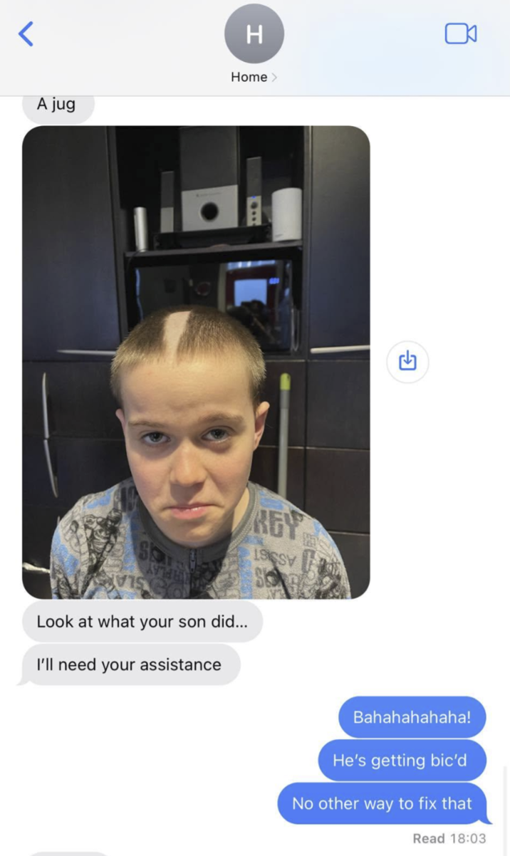 < H A jug Home > REY Look at what your son did... I'll need your assistance Bahahahahaha! He's getting bic'd No other way to fix that Read 18:03