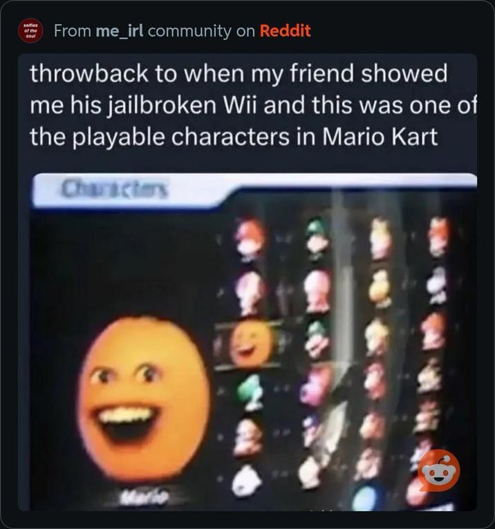 selfies of the soul From me_irl community on Reddit throwback to when my friend showed me his jailbroken Wii and this was one of the playable characters in Mario Kart Characters Mario