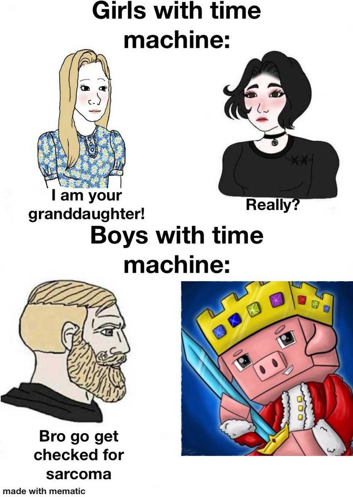 Girls with time machine: I am your granddaughter! Really? Boys with time machine: Bro go get checked for sarcoma made with mematic