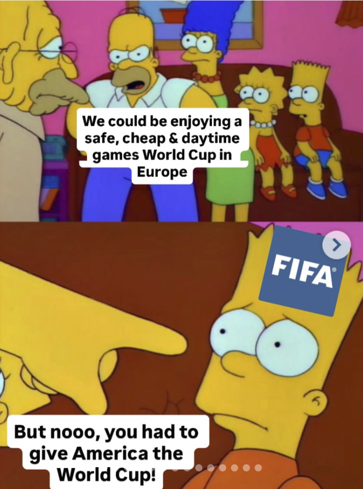 We could be enjoying a safe, cheap & daytime games World Cup in Europe But nooo, you had to give America the World Cup! FIFA
