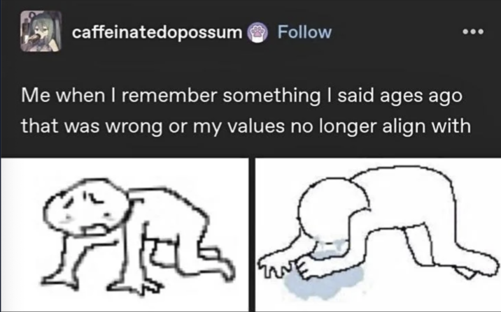 caffeinatedopossum Follow Me when I remember something I said ages ago that was wrong or my values no longer align with