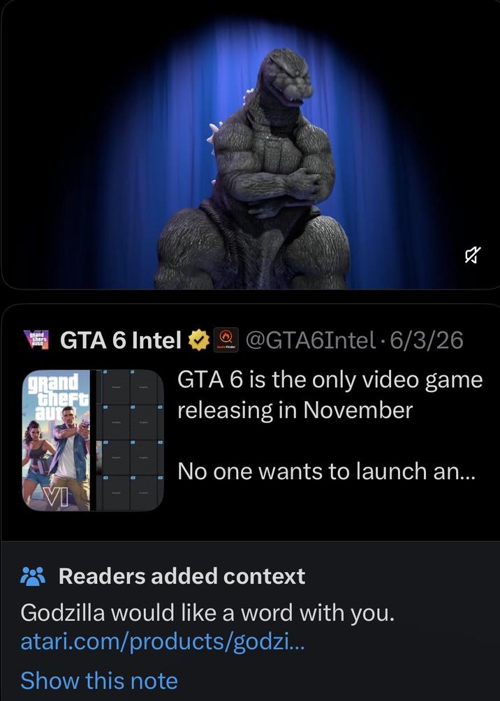 grand thers GTA 6 Intel @GTA6Intel. 6/3/26 grand theft aut GTA 6 is the only video game releasing in November No one wants to launch an... VI ***Readers added context Godzilla would like a word with you. atari.com/products/godzi... Show this note