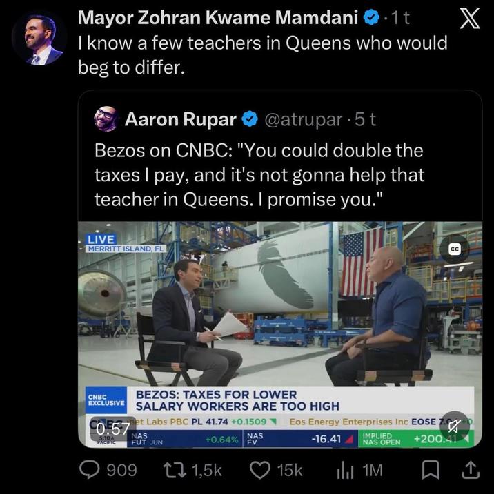 Mayor Zohran Kwame Mamdani .1t I know a few teachers in Queens who would beg to differ. . Aaron Rupar @atrupar 5 t Bezos on CNBC: "You could double the taxes I pay, and it's not gonna help that teacher in Queens. I promise you." LIVE MERRITT ISLAND, FL CNBC EXCLUSIVE CO.57 5:10 A PACIFIC BEZOS: TAXES FOR LOWER SALARY WORKERS ARE TOO HIGH et Labs PBC PL 41.74 +0.1509 NAS FUT JUN Eos Energy Enterprises Inc EOSE 7. IMPLIED NAS OPEN 909 CC X NAS +0.64% FV -16.41 +200.41 1,5k 15k IlII 1M ☐ 1
