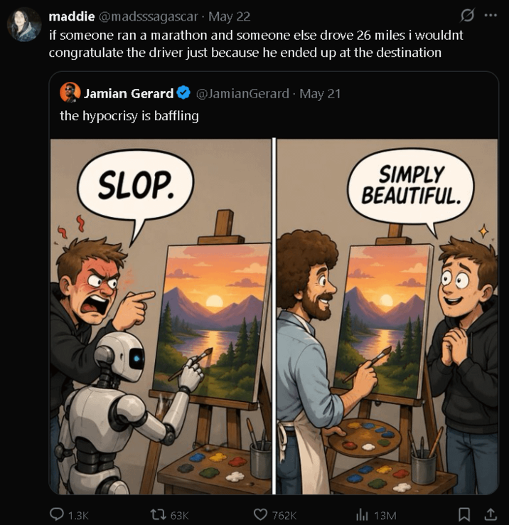 maddie @madsssagascar May 22 if someone ran a marathon and someone else drove 26 miles i wouldnt congratulate the driver just because he ended up at the destination Jamian Gerard the hypocrisy is baffling @JamianGerard May 21 · SLOP. SIMPLY BEAUTIFUL. 1.3K 17 63K 762K ili 13M