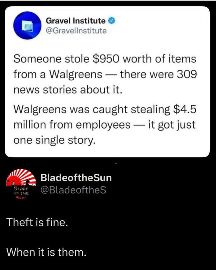 Gravel Institute ✔ @GravelInstitute Someone stole $950 worth of items from a Walgreens - there were 309 news stories about it. Walgreens was caught stealing $4.5 million from employees - it got just one single story. SLADE OF THE BladeoftheSun @BladeoftheS Theft is fine. When it is them.