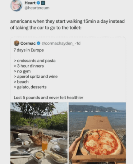 Heart A @heartereum americans when they start walking 15min a day instead of taking the car to go to the toilet: Cormac @cormachayden_.1d 7 days in Europe > croissants and pasta > 3 hour dinners > no gym > aperol spritz and wine > beach > gelato, desserts Lost 5 pounds and never felt healthier
