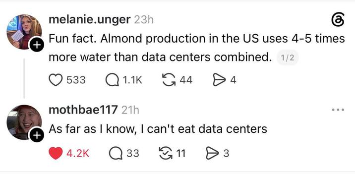 + melanie.unger 23h 6 Fun fact. Almond production in the US uses 4-5 times more water than data centers combined. 1/2 + 533 Q1.1K 44 > 4 mothbae117 21h As far as I know, I can't eat data centers 4.2K Q 33 11