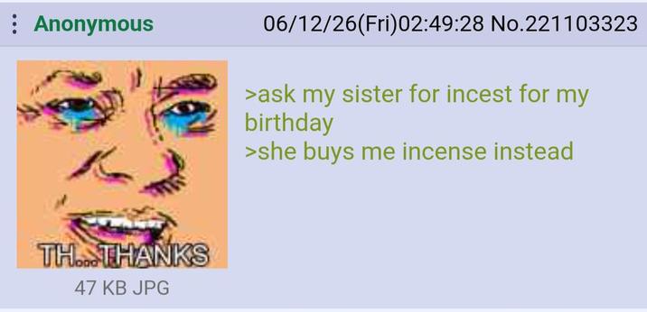 Anonymous 06/12/26(Fri) 02:49:28 No.221103323 >ask my sister for i----- for my birthday >she buys me incense instead TH. THANKS 47 KB JPG