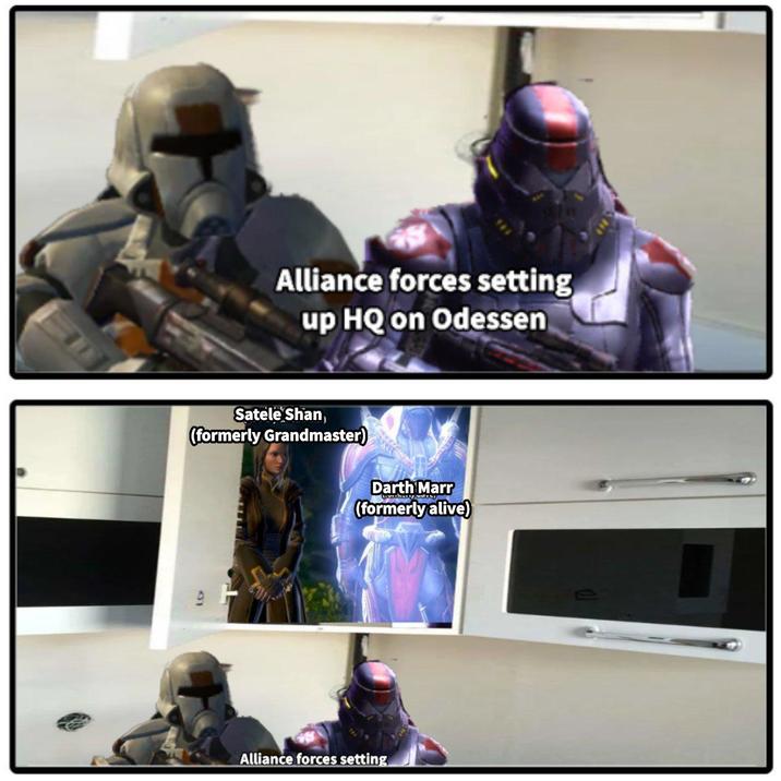 Alliance forces setting up HQ on Odessen Satele Shan (formerly Grandmaster) Darth Marr (formerly alive) F Alliance forces setting