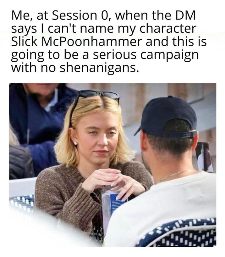 Me, at Session 0, when the DM says I can't name my character Slick McPoonhammer and this is going to be a serious campaign with no shenanigans.
