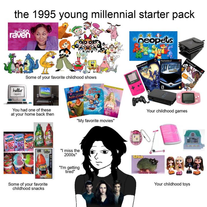 the 1995 young millennial starter pack that's SO raven hello (again) Some of your favorite childhood shows You had one of these at your home back then Yoges Yogos New Flavor Yoges Some of your favorite childhood snacks EMPEROR NEW GROO GAMEBOY Barbie neopets PlayStation.2 PlayStation.2 SLY COOPER E PlayStation 2 Play Your childhood games cracker "My favorite movies" "I miss the 2000s" "I'm getting tired" hla TO DODA Teddy Bea Your childhood toys