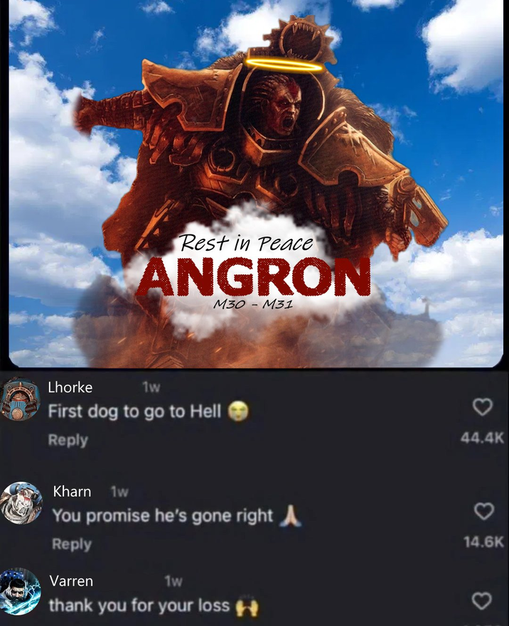 Rest in Peace ANGRON M30 - M31 Lhorke 1w First dog to go to Hell Reply Kharn 1w You promise he's gone right ▲ Reply Varren 1w thank you for your loss 44.4K ♡ 14.6K
