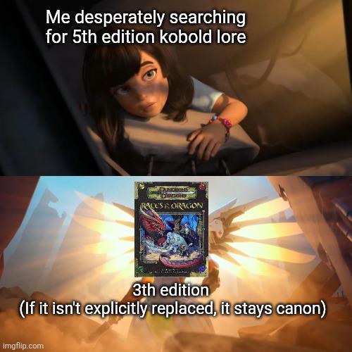 Me desperately searching for 5th edition kobold lore RACES & ORAGON 3th edition (If it isn't explicitly replaced, it stays canon) imgflip.com
