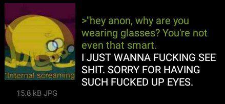 "Internal screaming 15.8 KB JPG >"hey anon, why are you wearing glasses? You're not even that smart. I JUST WANNA F------ SEE S---. SORRY FOR HAVING SUCH F----- UP EYES.