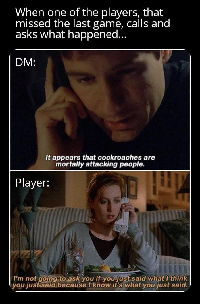 When one of the players, that missed the last game, calls and asks what happened... DM: It appears that cockroaches are mortally attacking people. Player: I'm not going to ask you if you just said what I think you just said because I know it's what you just said.