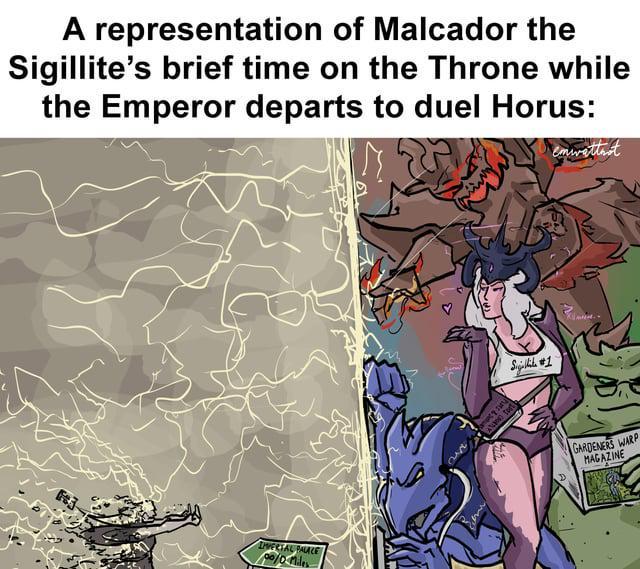 A representation of Malcador the Sigillite's brief time on the Throne while the Emperor departs to duel Horus: IVECTAL PALACE 00/0 Miles Puts & emwatteot Sigillik #1 GARDENERS WARP MAGAZINE