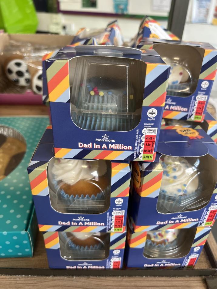 Morrisons Dad In A Million Morrisons Dad In A Million Keep Flat Typical energy values per 100g: 1992k1/477 of an Adult's Reference I Keep Flat Per cupcake provides... 1534kJ 367kcal 21.2g 5.2g 30.0g 0.11g Ave Ge risens 8.19 A Million 0.00 840 21.2g Morrisons Dad In A Million 10.04 ally Dad in A Million Dad In A Million