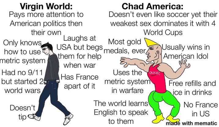 Virgin World: Pays more attention to American politics then Chad America: Doesn't even like soccer yet their weakest sex dominates it with 4 World Cups their own Laughs at Only knows Most gold how to use metric system Had no 9/11 but started 2 world wars Doesn't tip USA but begs medals, ever, them for help Usually wins in American Idol when war Has France Uses the OUCH! metric system apart of it in warfare The world learns English to speak to them Free refills and ice in drinks No France in US made with mematic