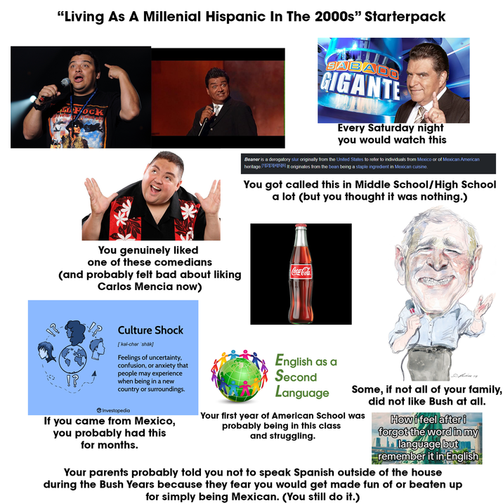 "Living As A Millenial Hispanic In The 2000s" Starterpack ALFOCK FTRUCKER BAE SABADO GIGANTE Every Saturday night you would watch this B----- is a derogatory slur originally from the United States to refer to individuals from Mexico or of Mexican American heritage [1][2][3][4][5][6] It originates from the bean being a staple ingredient in Mexican cuisine. You got called this in Middle School/High School a lot (but you thought it was nothing.) You genuinely liked one of these comedians (and probably felt bad about liking Carlos Mencia now) Coca-Cola Culture Shock ['kǝl-cher 'shäk] !? Feelings of uncertainty, confusion, or anxiety that people may experience when being in a new country or surroundings. Investopedia If you came from Mexico, you probably had this for months. English as a Second Language Levine 04 Some, if not all of your family, did not like Bush at all. Your first year of American School was probably being in this class and struggling. How i feel after i forgot the word in my language but remember it in English Your parents probably told you not to speak Spanish outside of the house during the Bush Years because they fear you would get made fun of or beaten up for simply being Mexican. (You still do it.)