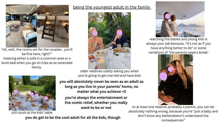 "oh, well, the rooms are for the couples.. you'll be fine here, right?" meaning either a sofa in a common area or a bunk bed when you go on trips as an extended family being the youngest adult in the family watching the babies and young kids is always your job because, “it's not as if you have anything better to do" or some variations of 'the parents need a break' still stuck at the kids' table older relatives subtly asking you when you're going to get married and have kids you will absolutely never be seen as an adult as long as you live in your parents' home, no matter what you achieve <3 you're always the entertainment or the comic relief, whether you really want to be or not you do get to be the cool adult for all the kids, though to at least one relative, probably a parent, you can do absolutely nothing wrong, because you're "just a baby and don't know any better/doesn't understand the consequences"