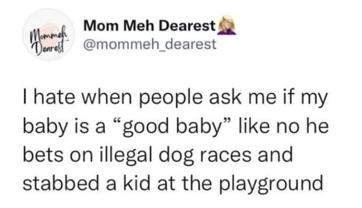Mommeh Mom Meh Dearest @mommeh_dearest I hate when people ask me if my baby is a "good baby" like no he bets on illegal dog races and stabbed a kid at the playground