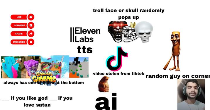 LIKE COMMENT E troll face or skull randomly pops up SHARE SUBSCRIBE IIE Eleven Labs tts always has one of these at the bottom d video stolen from tiktok if you like god if you love satan ai random guy on corner