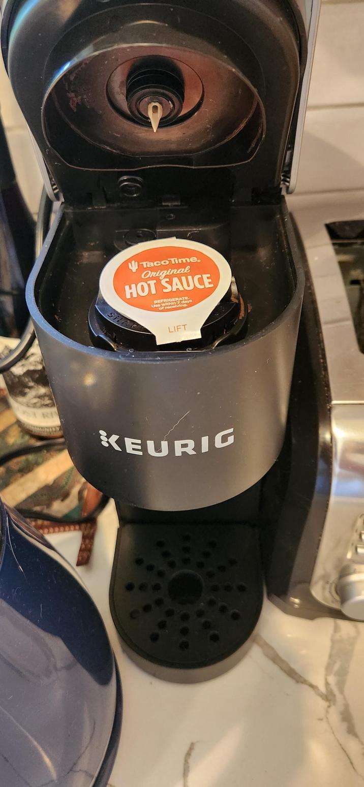 Taco Time. Original HOT SAUCE REFRIGERATE. Use within 7 days of receiving. SHI LIFT STRI KEURIG