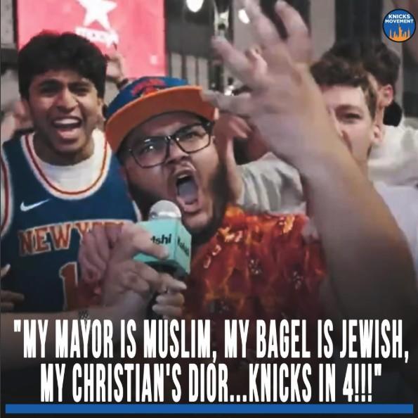 NEW Y tshi KNICKS MOVEMENT "MY MAYOR IS MUSLIM, MY BAGEL IS JEWISH, MY CHRISTIAN'S DIOR...KNICKS IN 4!!!"
