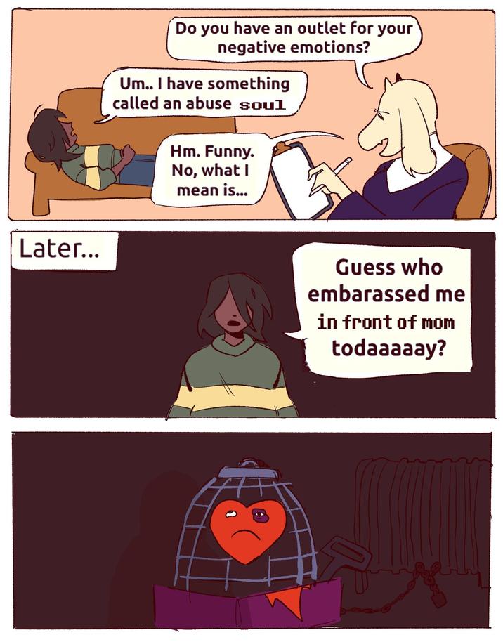 Later... Do you have an outlet for your negative emotions? Um.. I have something called an abuse soul Hm. Funny. No, what I mean is... Guess who embarassed me in front of mom todaaaaay?